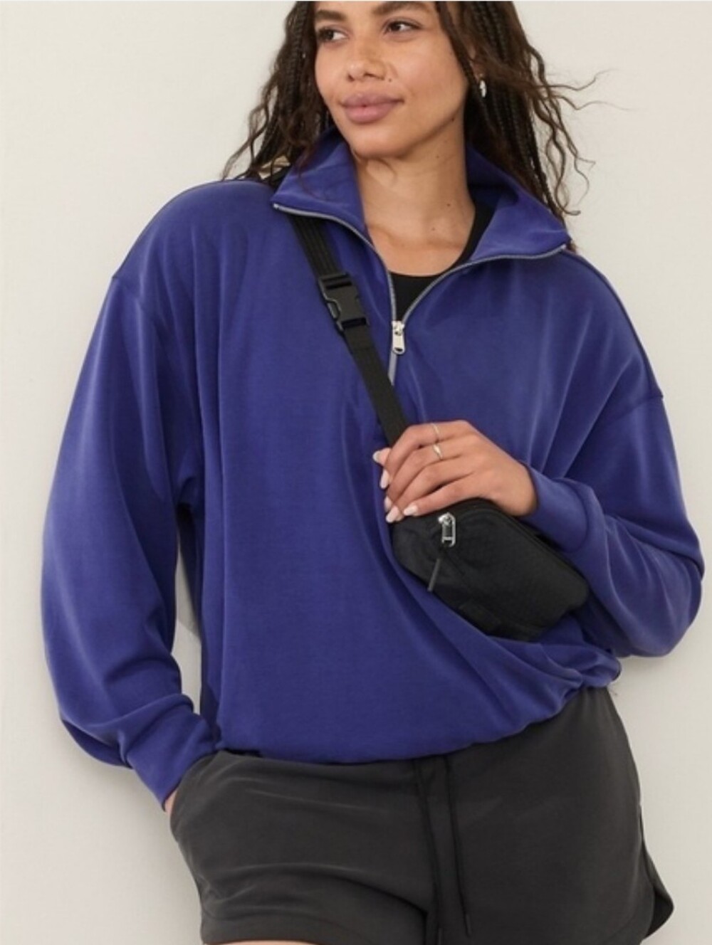 Athleta Seasoft 1/4 Zip Bubble Hem Sweatshirt In Deep Marine Size Small
